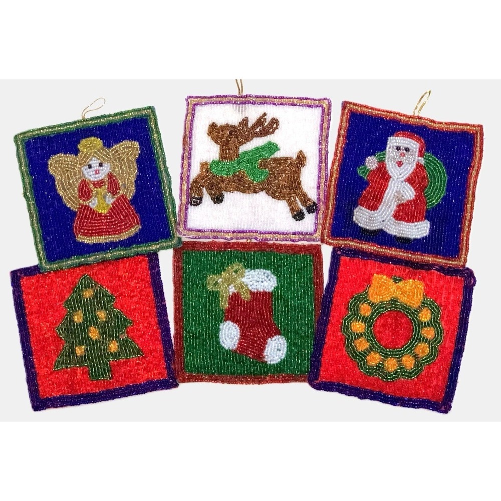 Vintage Handmade Beaded Christmas Set of 6 Coasters Holiday Ornaments 4 in